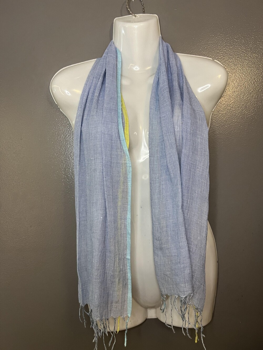Gamut Scarf Womens One Size Lightweight Blue Gauze Fringe Wrap Aqua Yellow Trim